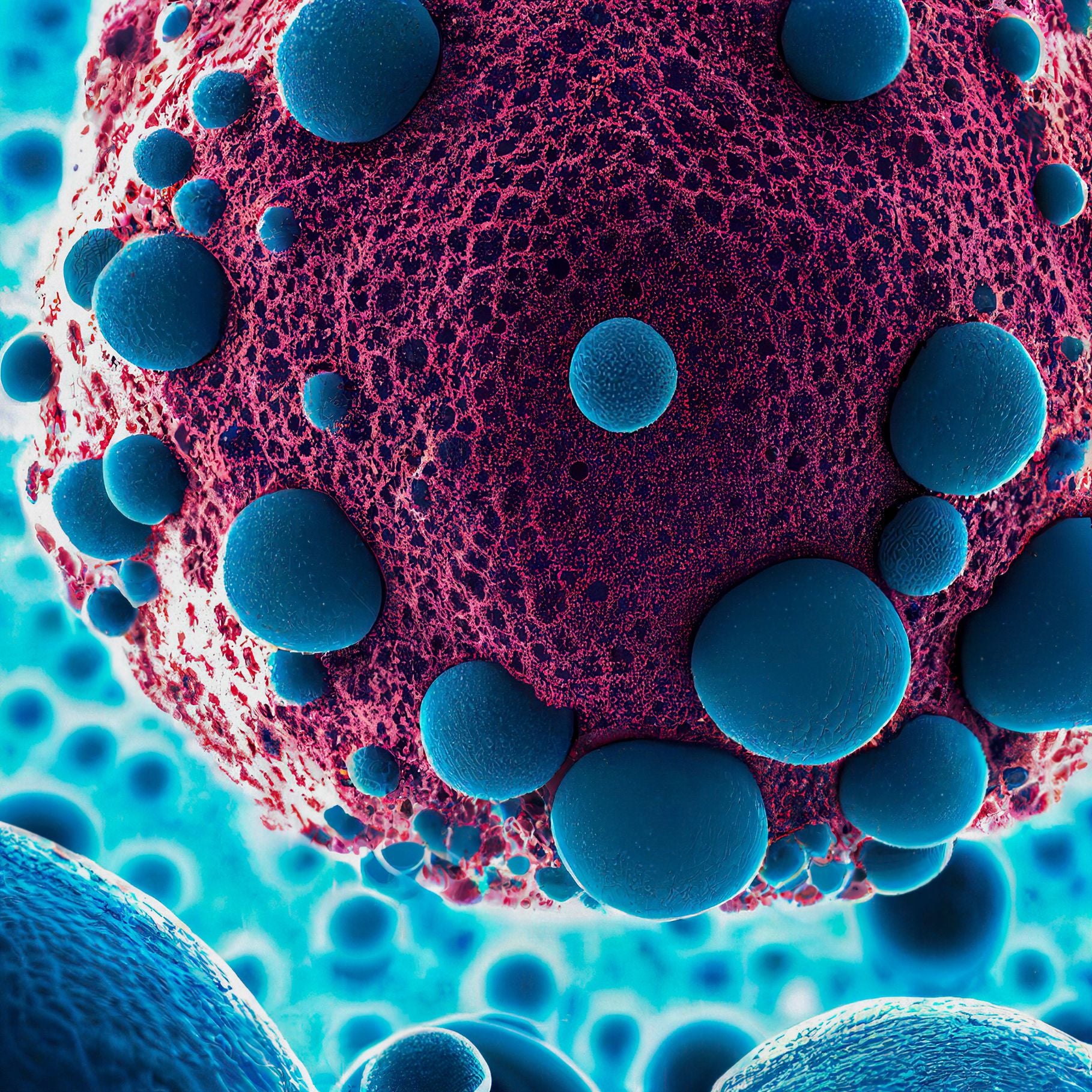 Eine stark vergrößerte mikroskopische Aufnahme von Zellen, die das komplexe Netzwerk und die Struktur des Immunsystems darstellen